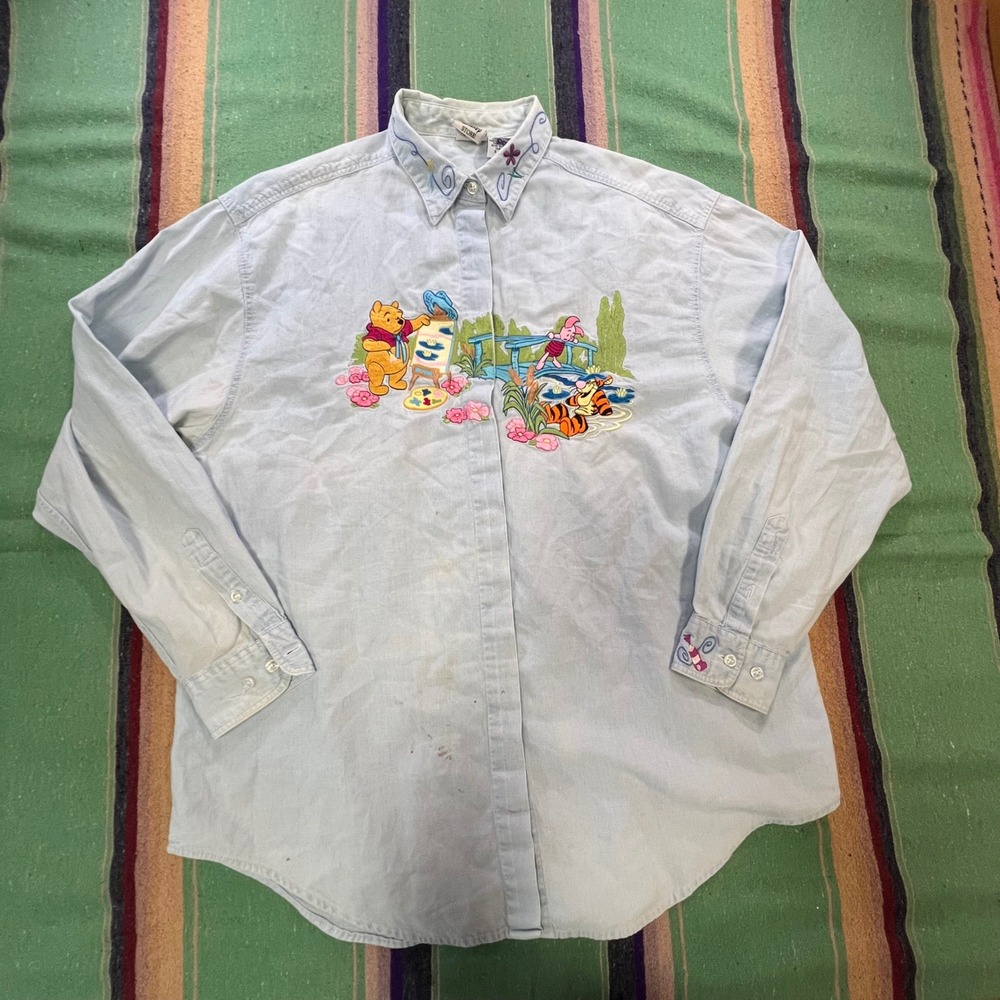 Disney Store Button Down Shirt XL Light Blue Winnie the Pooh Embroidered Denim